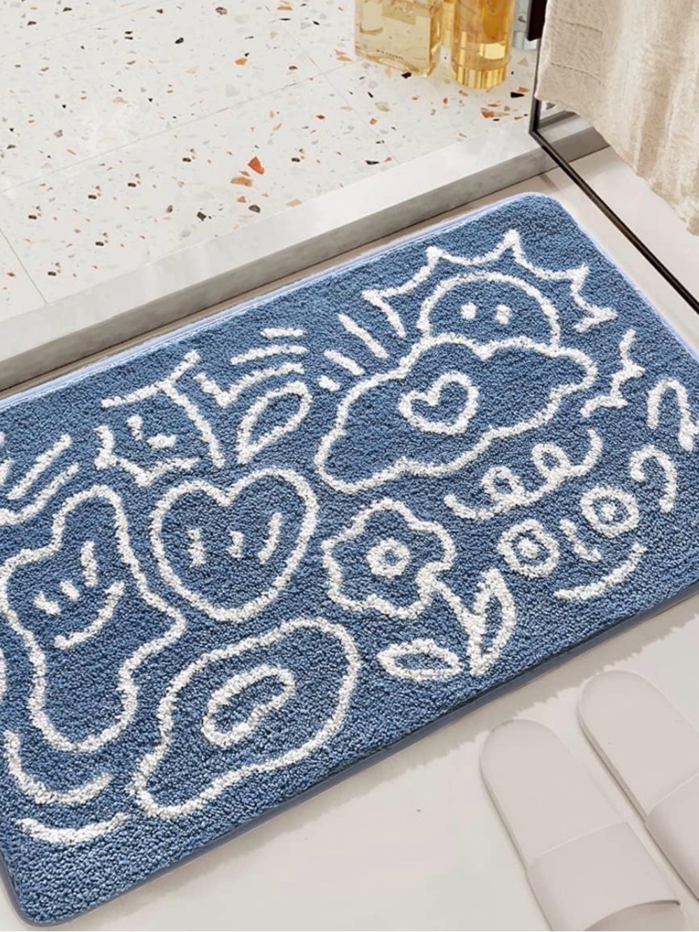 Plush Blue Floral & Hearts Bath Mat by